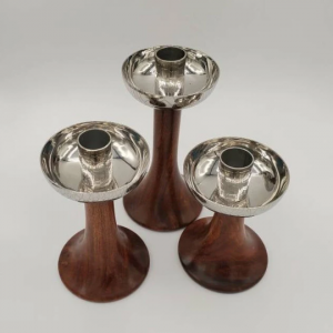 Set of 3 Rosewood and Chrome Candlesticks
